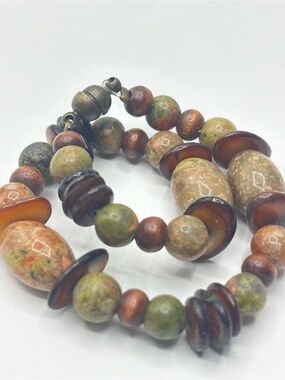 Vintage Natural Jasper Stone Bracelet Gemstone Magnetic Clasp Earthy Tan Green